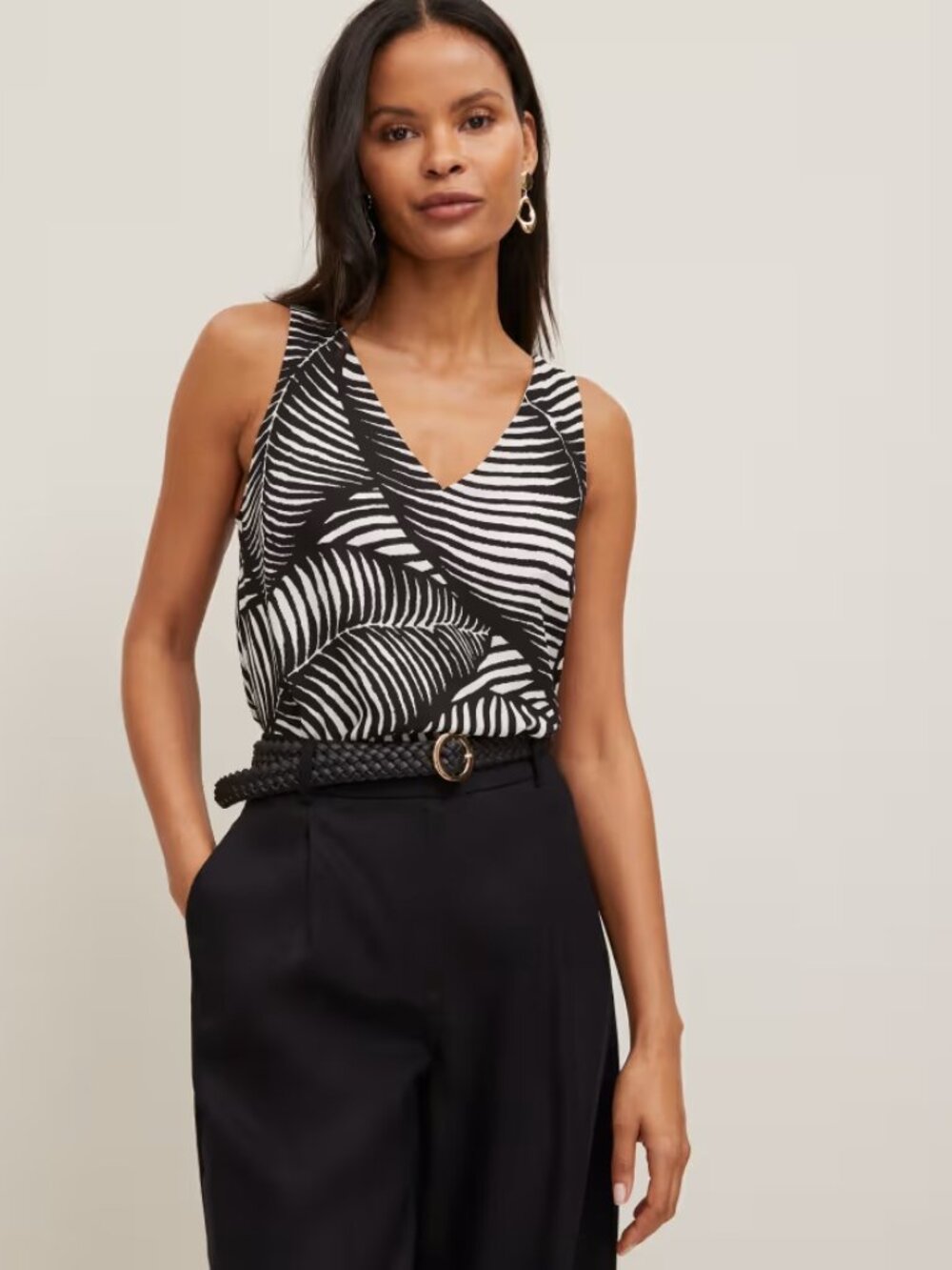 Ann Taylor Black & White Palm Print Top